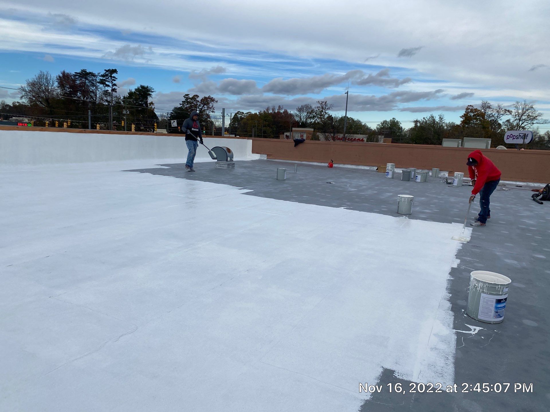 Commercial Coating using Poly Urerthane and Silicone Coating by Just In Time Roofing and Restoration