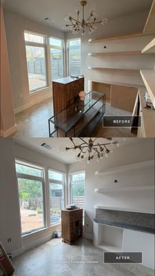 Before and after photo of built-in shelving painted by Hill Country Painting in Austin, TX