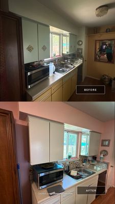 Before and after photo of kitchen cabinets and wall repainted by Hill Country Painting in Austin, TX