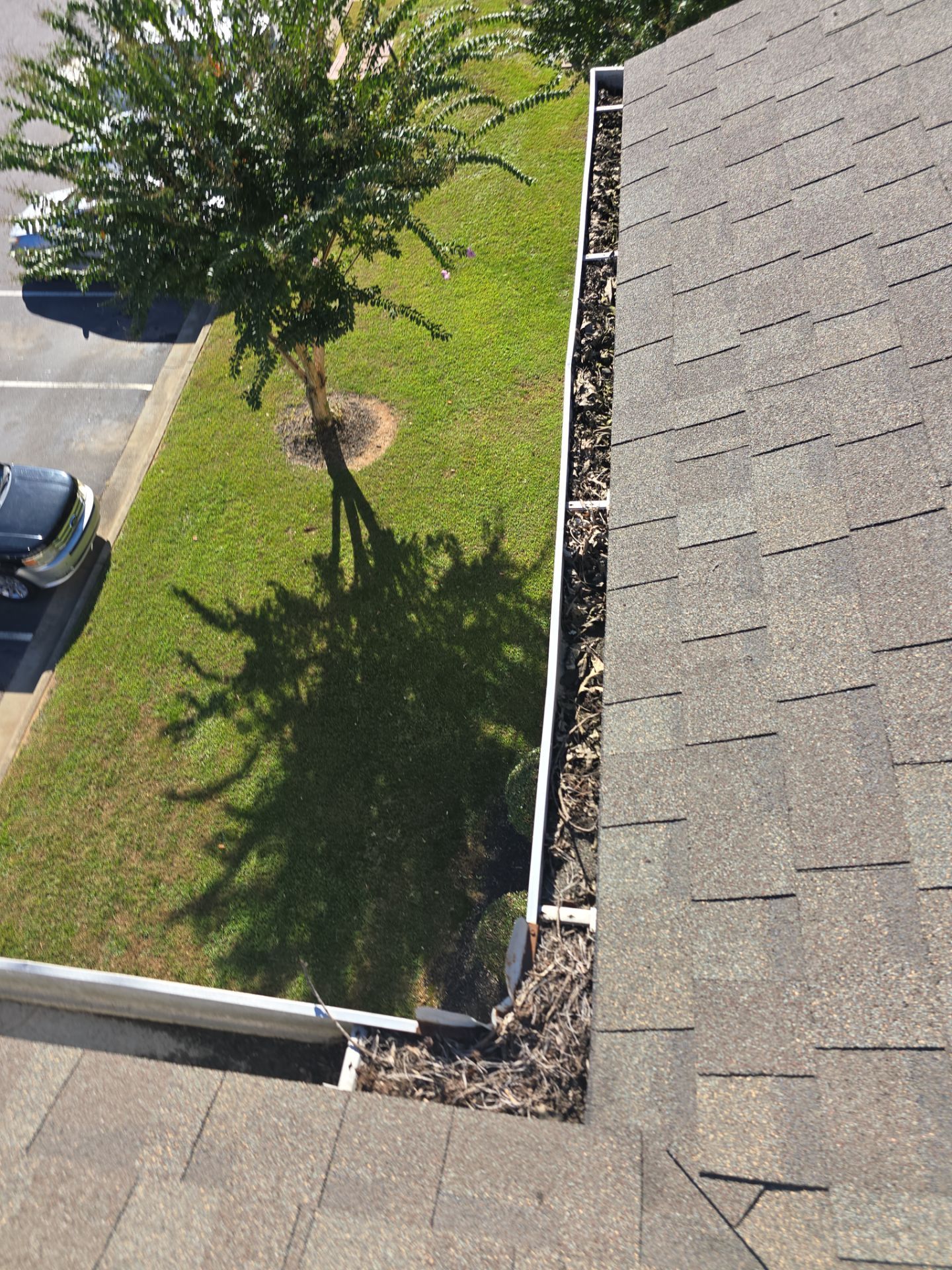 Commercial gutter cleaning Gastonia, NC before photo with filled gutters
