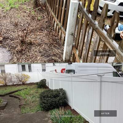 Fence replacement with white Vinyl privacy fence.