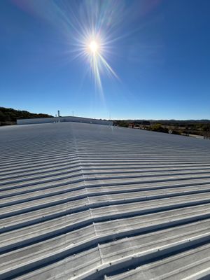 Sunlit metal roof with a distinct ridge line.