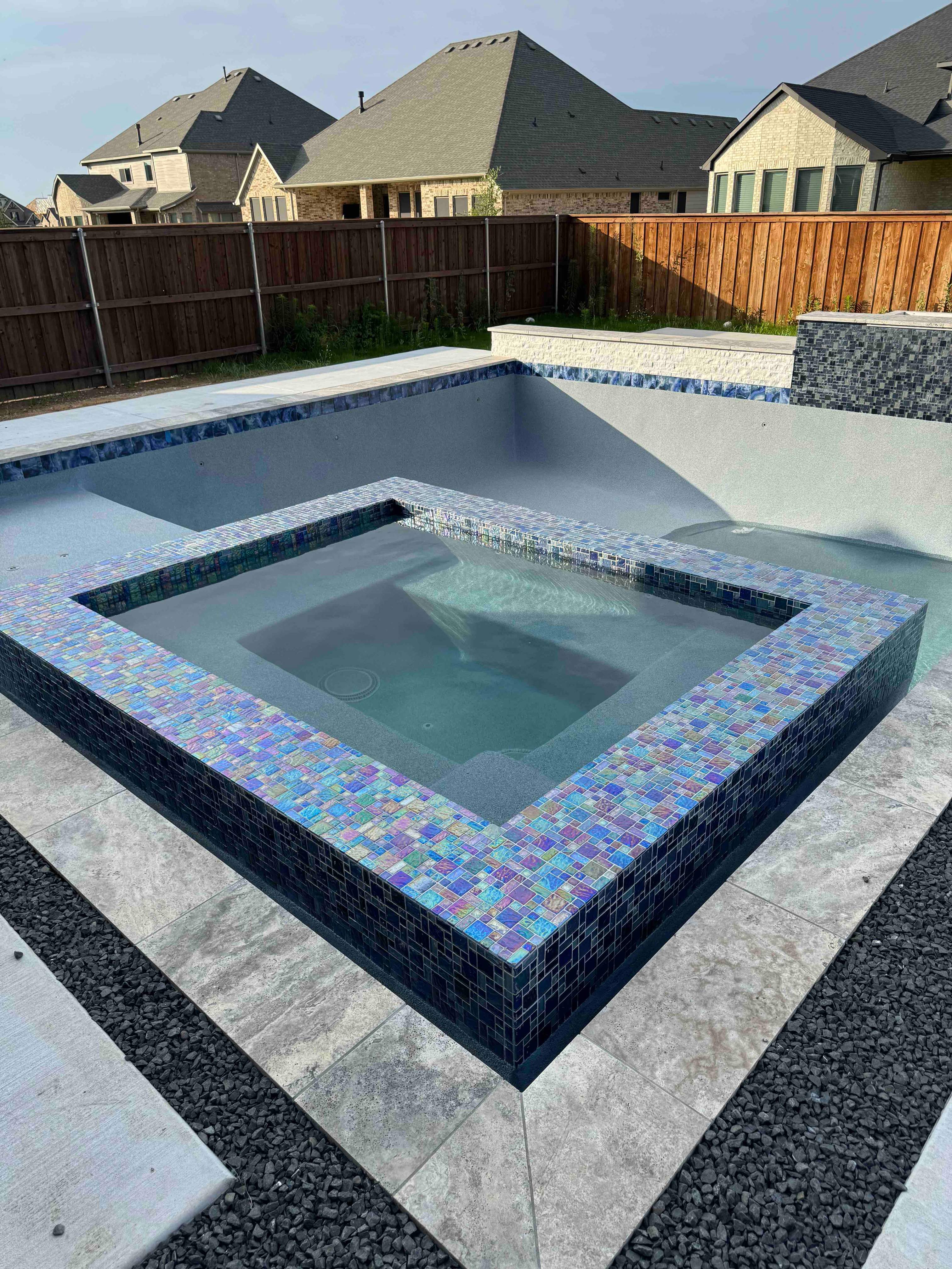 Geometric Pool with Raised Spa, Fire Pit and Pergola by Pinnacle Pools and Spas - DFW