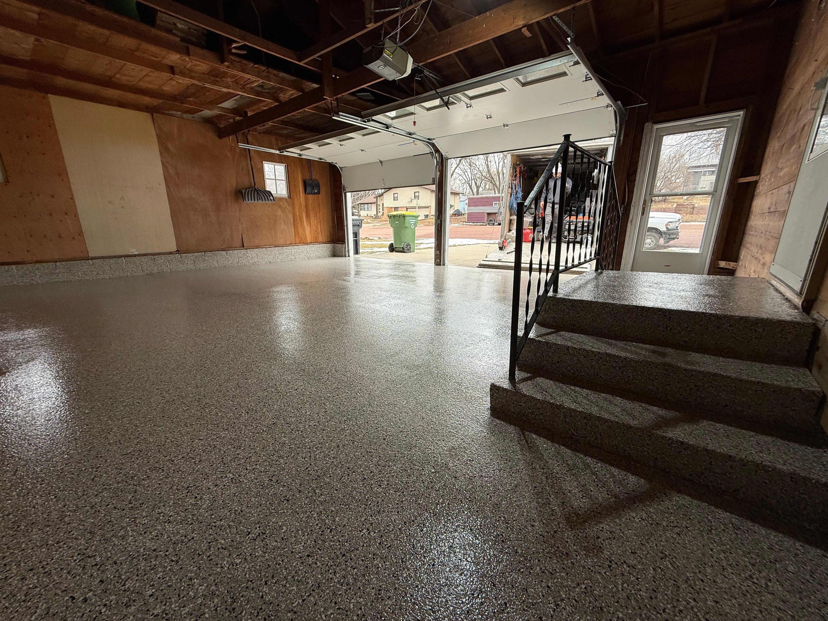 Multi-Colored Epoxy Garage Floor Coating and Concrete Stair Restoration by Select Painting, Coatings & Garage Cabinets