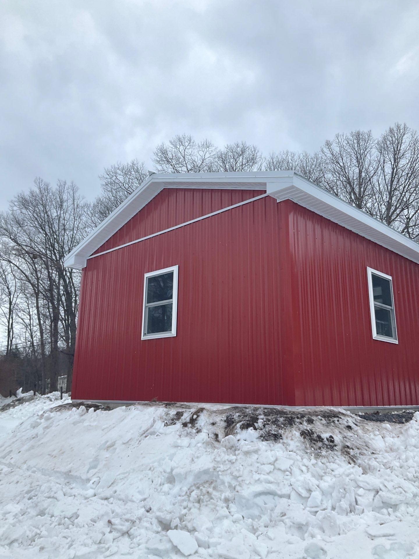 New Red Metal Garage Construction and Residential Window Replacement in Ashland by Esh Builders