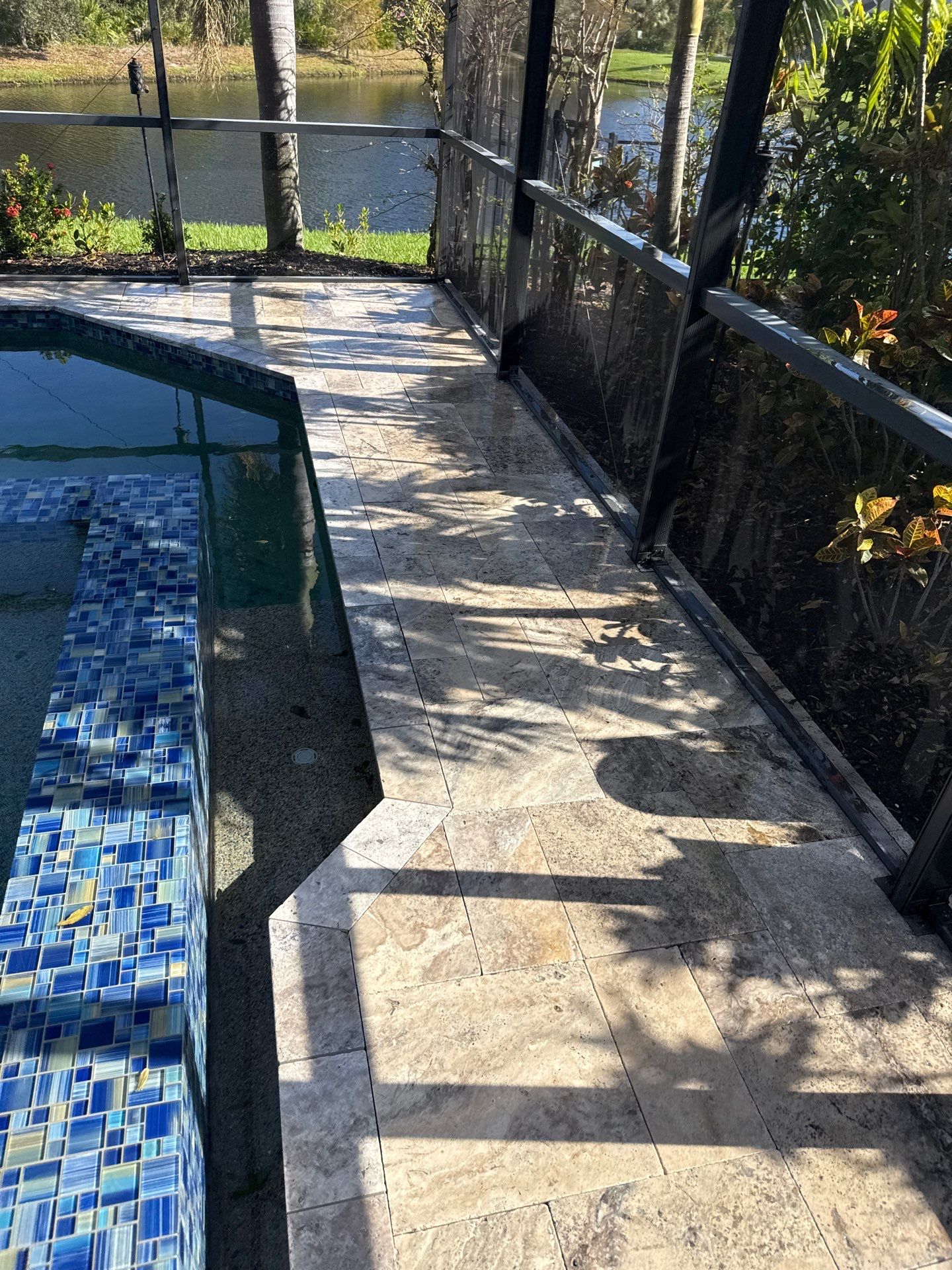 Travertine Pool Deck and Screen Enclosure Cleaning in Ellenton, FL | Oakleaf Hammock Community by Sunshine AquaWash