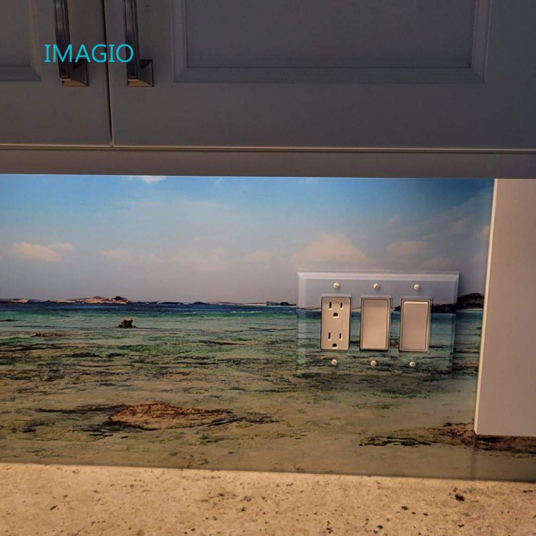 Kitchen Remodel using IMAGIO Mountains & Tropics Solid Glass Backsplash by IMAGIO