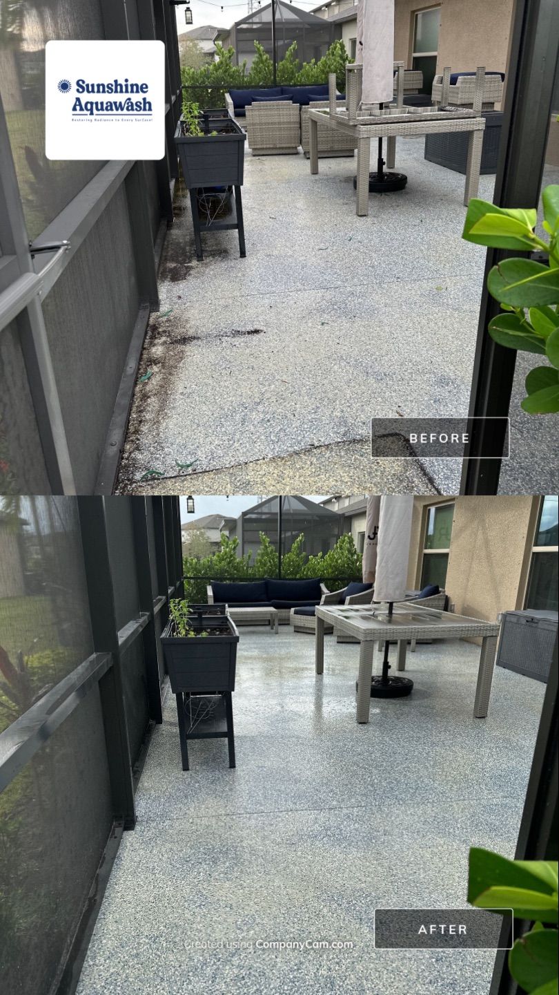 Lanai & Patio Cleaning with Epoxy-Coated Concrete Floor in Trevesta Community, Palmetto, FL | Sunshine AquaWash by Sunshine AquaWash