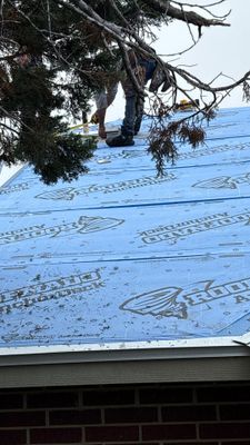 Roof underlayment installed on residential roof.
