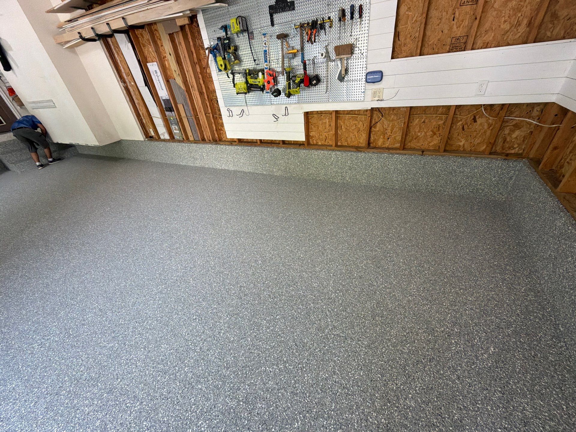 Custom Grey Flake Epoxy Garage Floor and Step Coating in Norton Shores by Gordon Painting