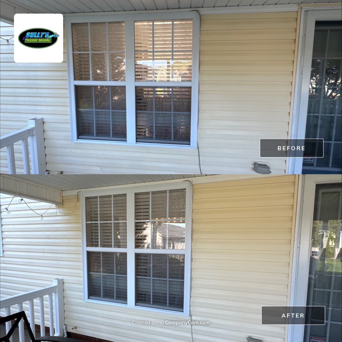 pressure washing service is cleaning siding and windows making them look bright and restored to their original condition