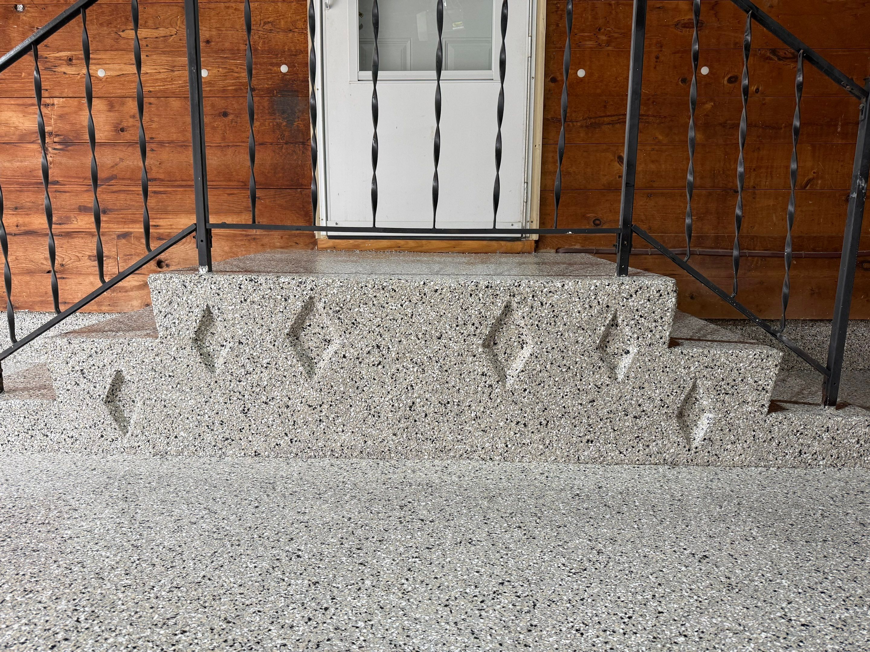 Multi-Colored Epoxy Garage Floor Coating and Concrete Stair Restoration by Select Painting, Coatings & Garage Cabinets