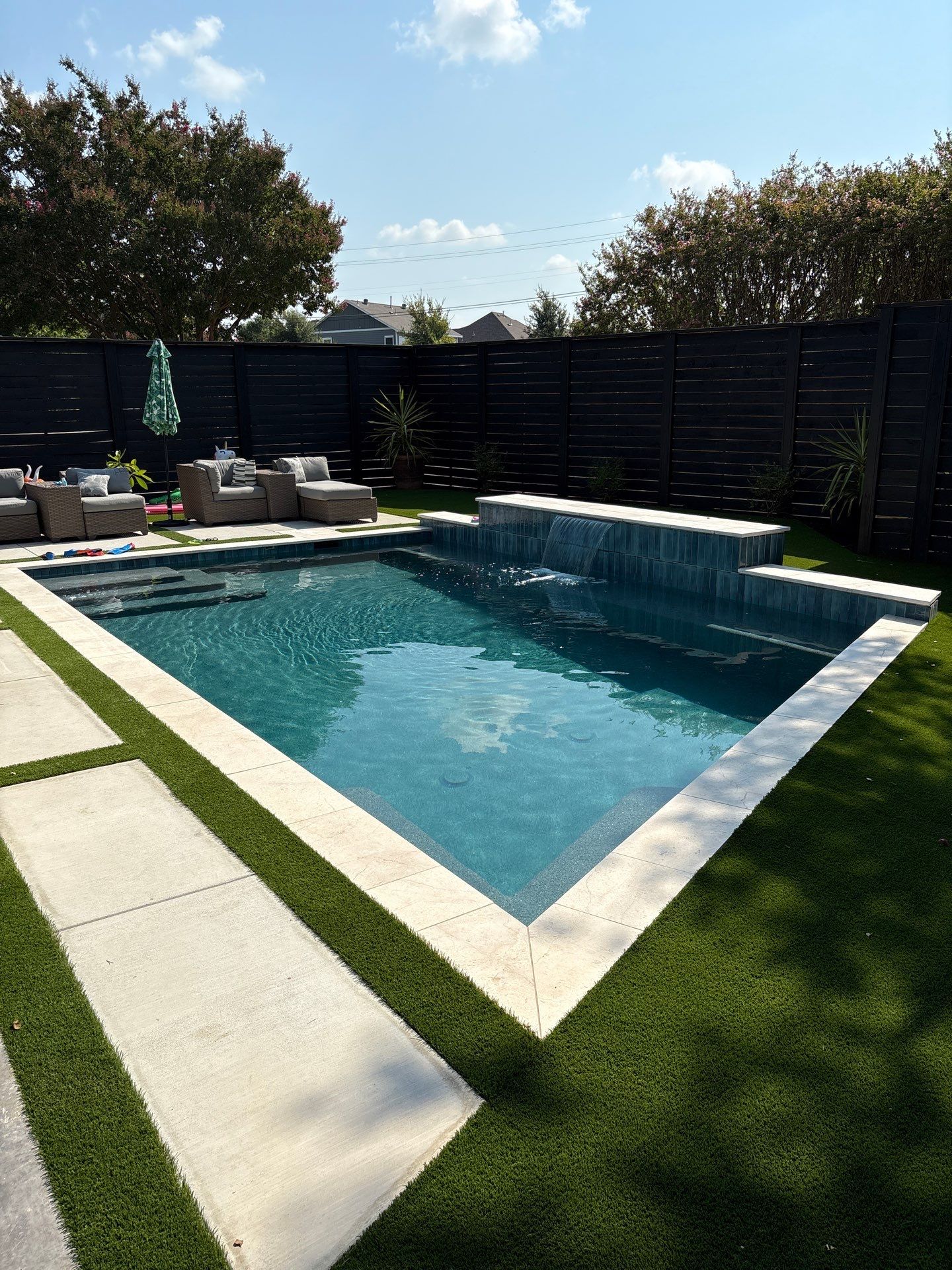 Modern Geometric Pool with Spa and Turf Surround by Pinnacle Pools and Spas - DFW