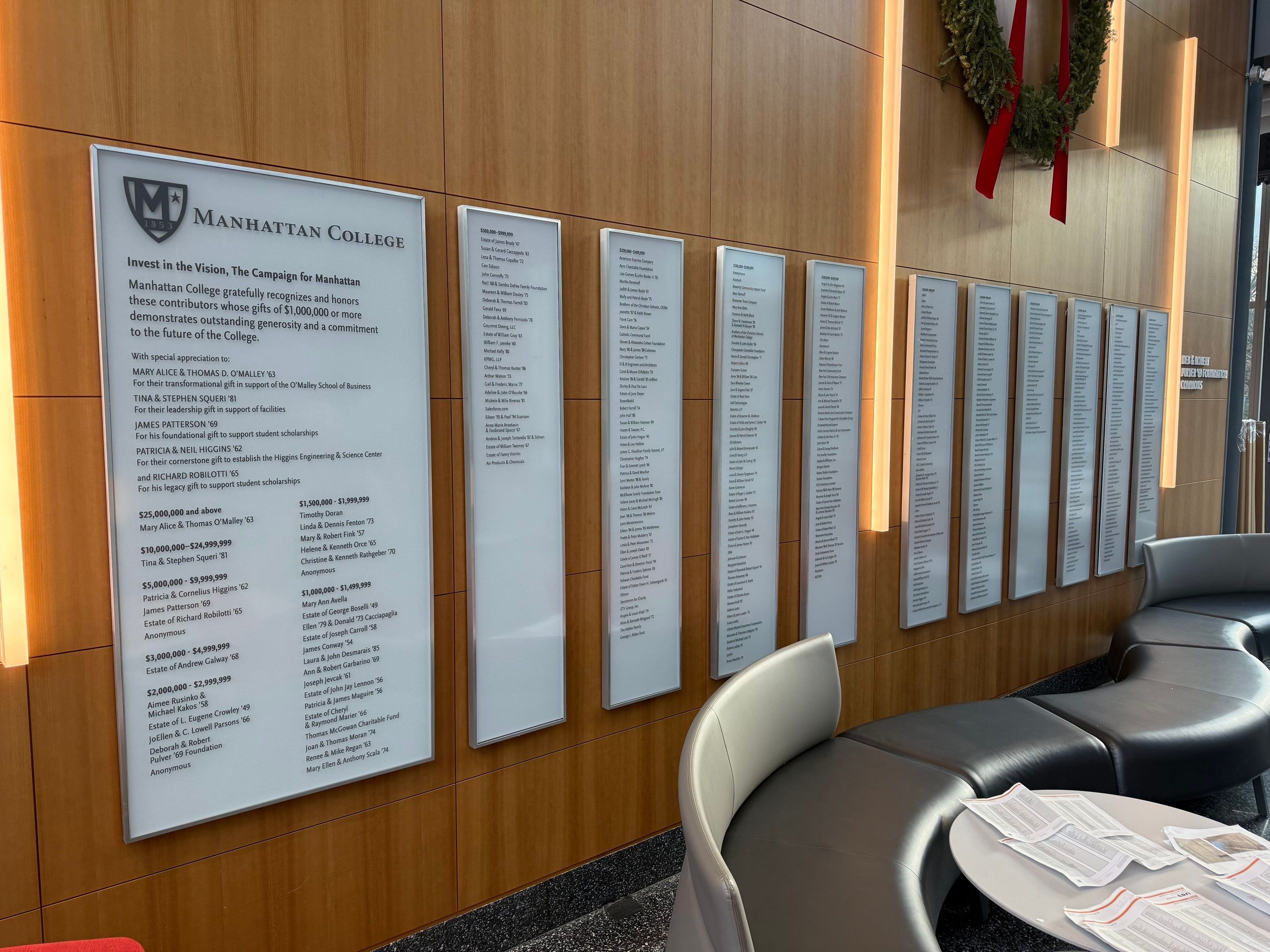 Donor Recognition and Commercial Signage Installation at Manhattan College by Nick The Sign Guy