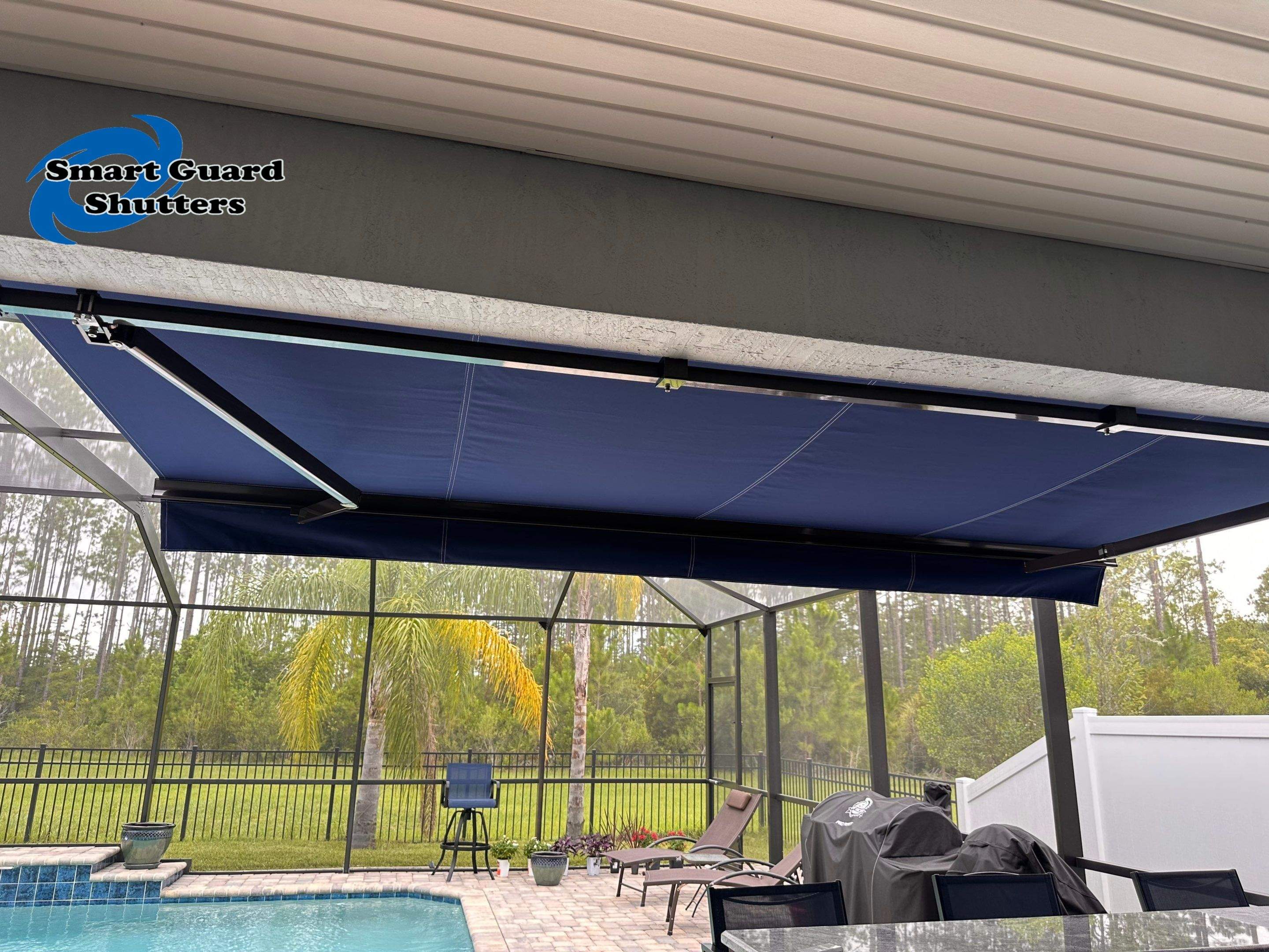 Retractable Awning in Marine Blue  by Smart Guard Shutters