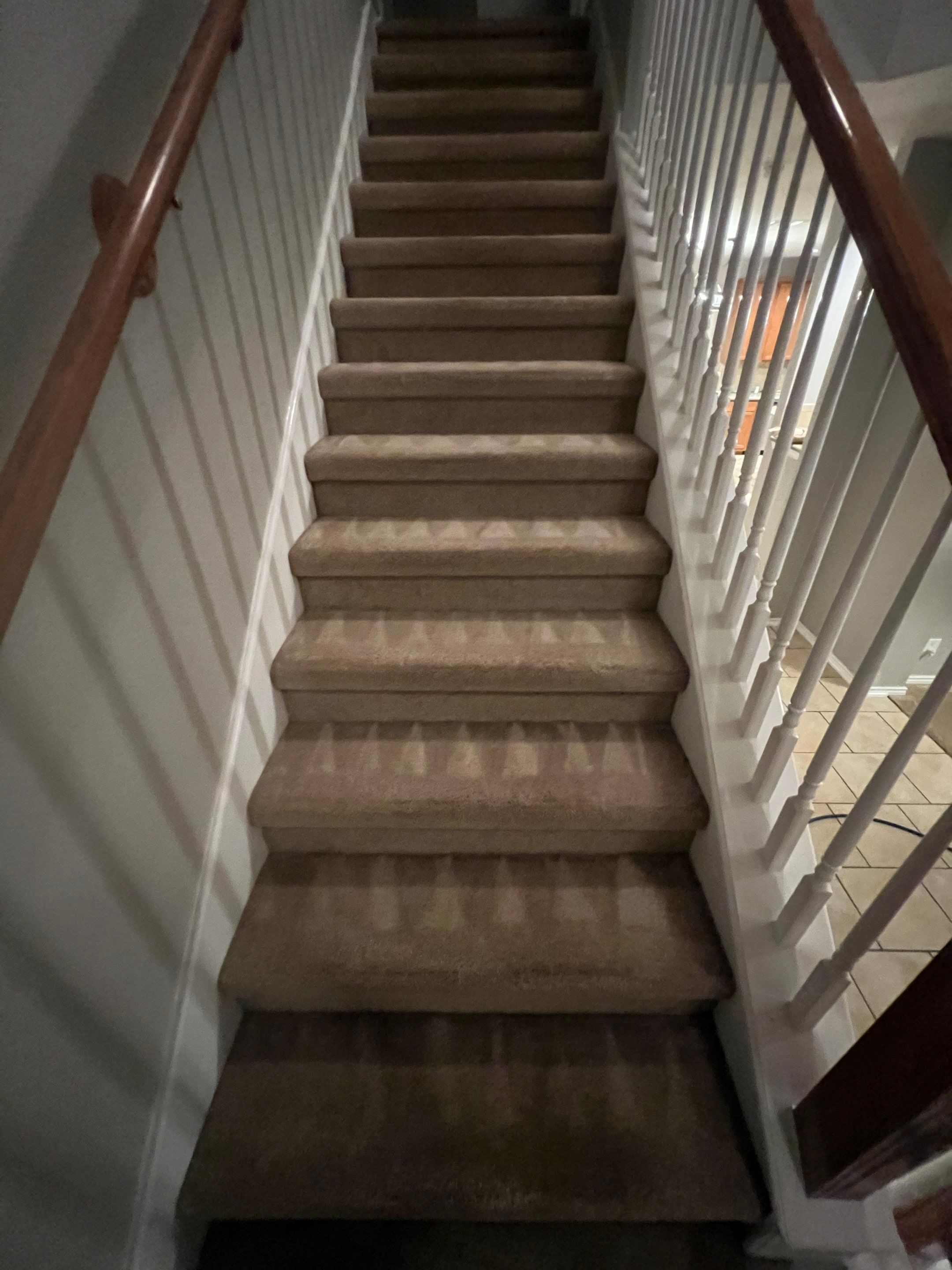 the service being done is carpet cleaning on the stairs to remove dirt and stains for a refreshed appearance