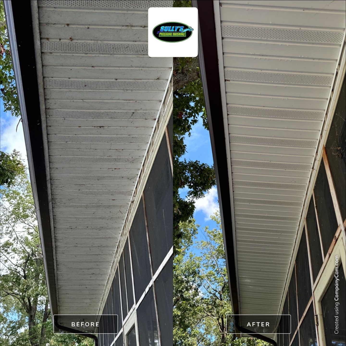 the service shown is cleaning of a soffit area using pressure washing to remove dirt and debris for a cleaner appearance