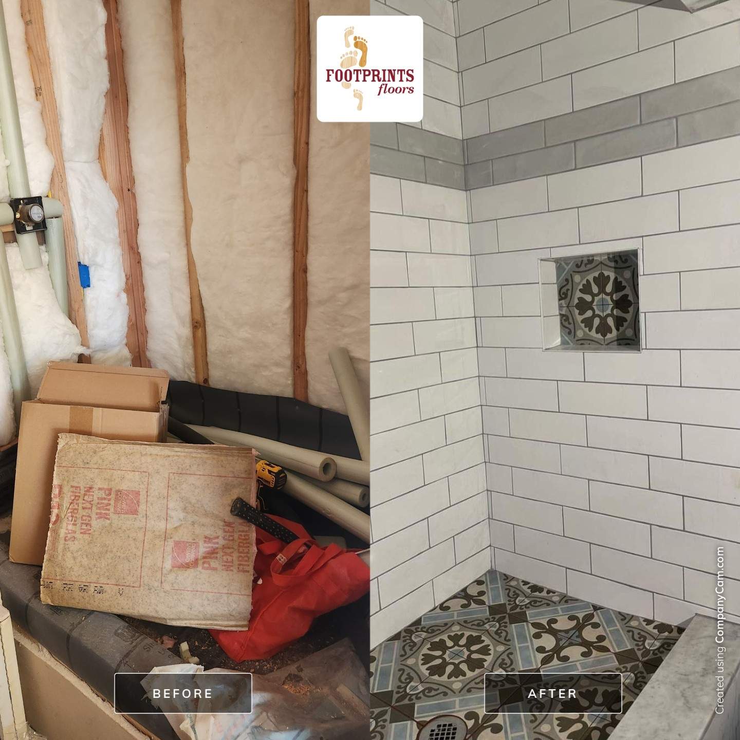 Jack & Jill Bathroom Floor + Dog Washing Nook with Niche using Porceline Subway Tile by Footprints Floors Morristown