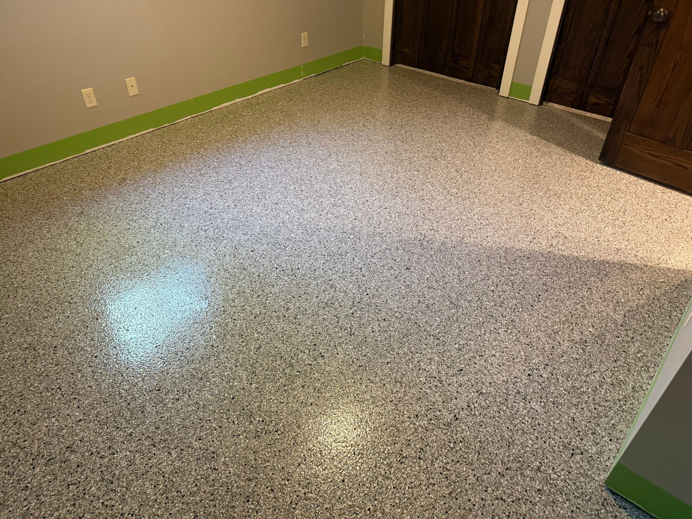 Decorative Flake Concrete Floor Coating for Larchwood Basement by Select Painting, Coatings & Garage Cabinets