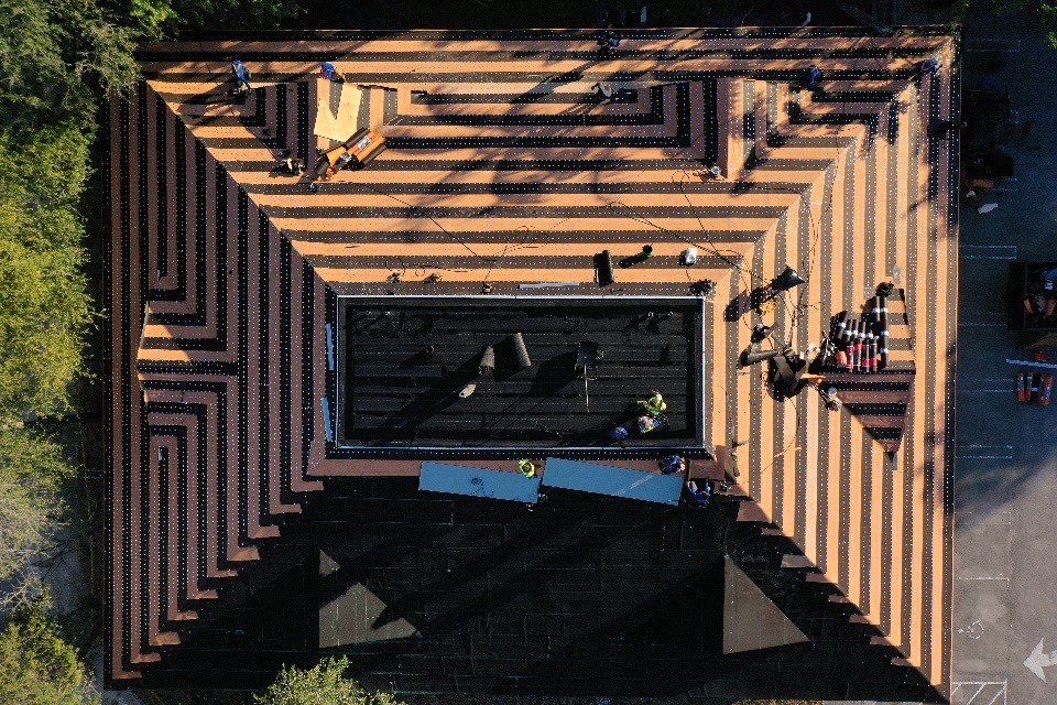 COMMERCIAL REROOF 24 GUAGE MEDIUM BRONZE 1-1/2" MECHANICAL SEAM "ZEBRA METHOD" by Earl W. Johnston Roofing 