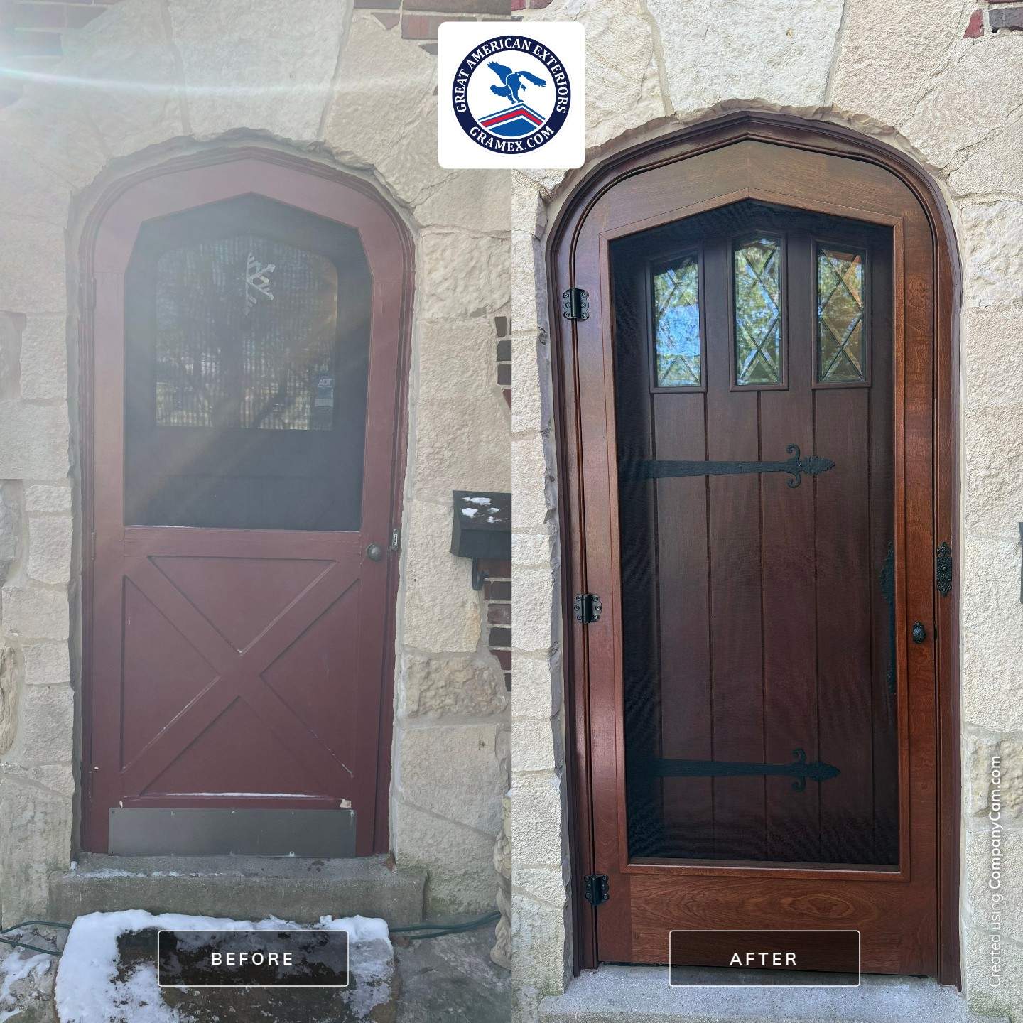 Custom Arched Wood Entry Door with Diamond Glass Replacement in Wilmette by Great American Exteriors