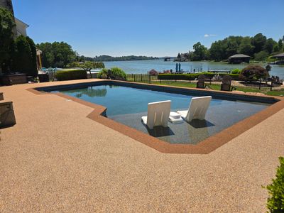 Lakeside Pool Resurface — Sandstone Rubaroc® with Medium Brown Border