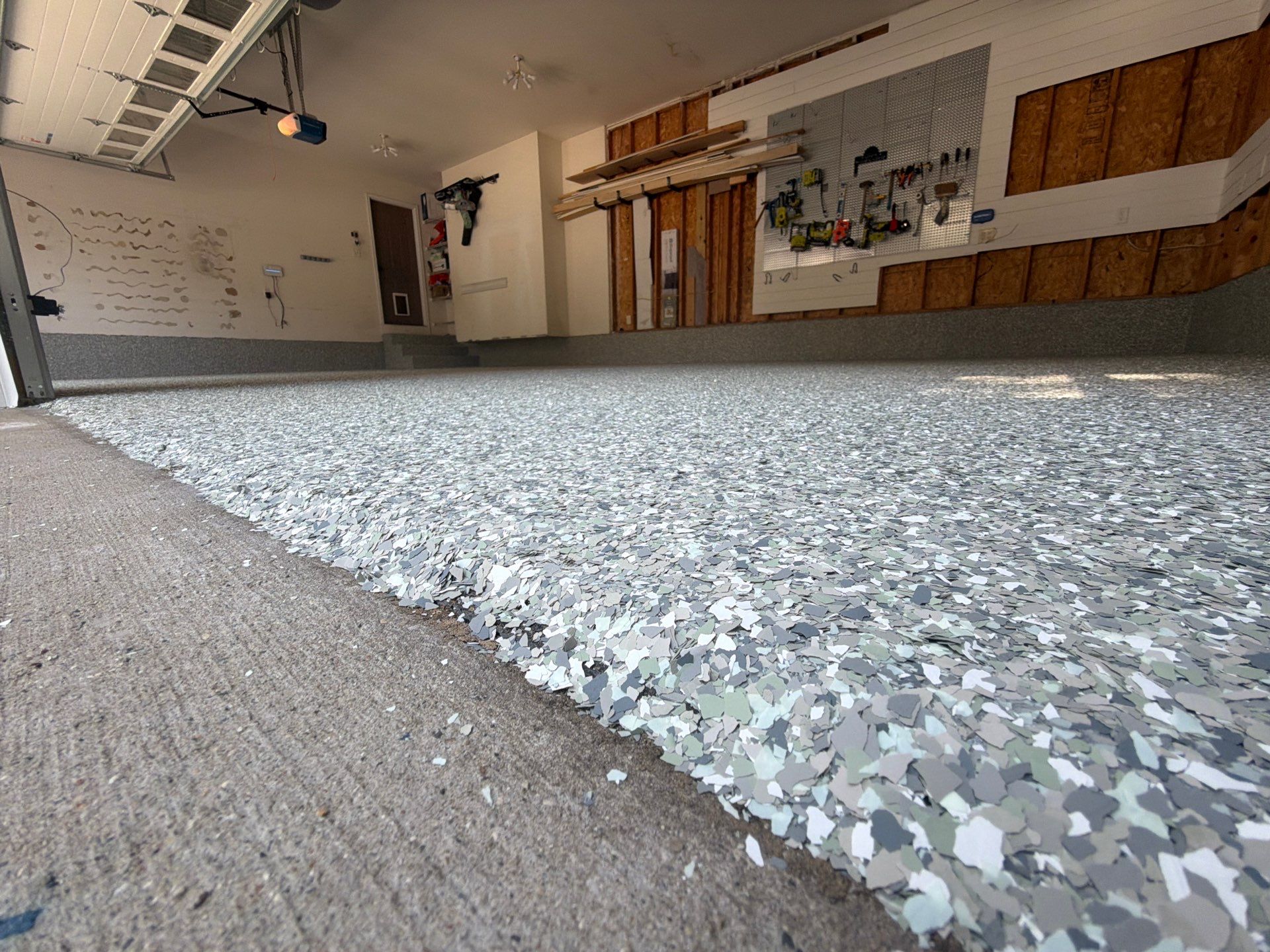 Custom Grey Flake Epoxy Garage Floor and Step Coating in Norton Shores by Gordon Painting