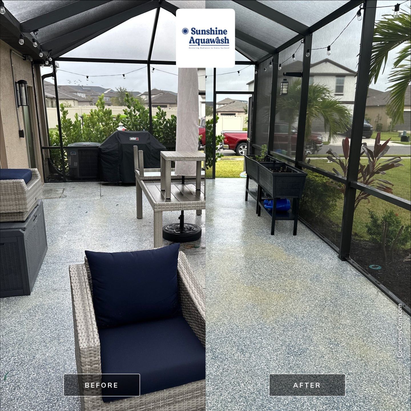 Lanai & Patio Cleaning with Epoxy-Coated Concrete Floor in Trevesta Community, Palmetto, FL | Sunshine AquaWash by Sunshine AquaWash