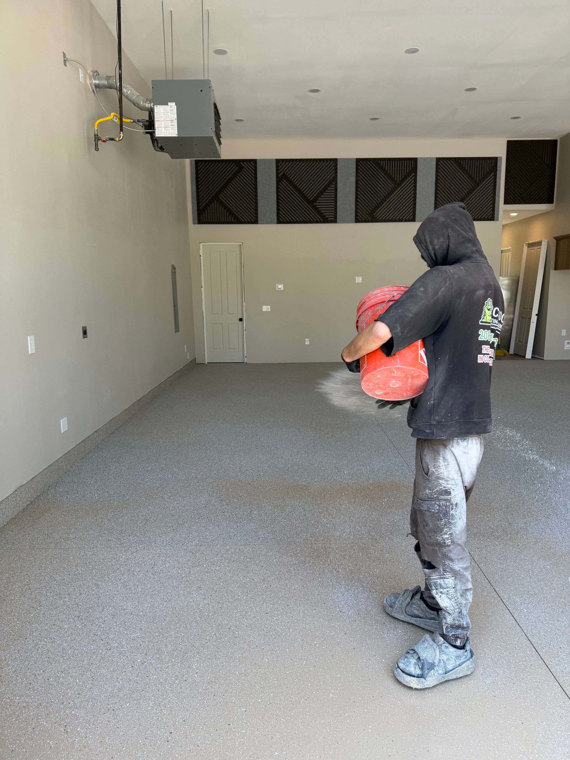 Quartzite Hybrid Garage Floor Coating Installation in Coolin, Idaho by Croc Coatings, LLC