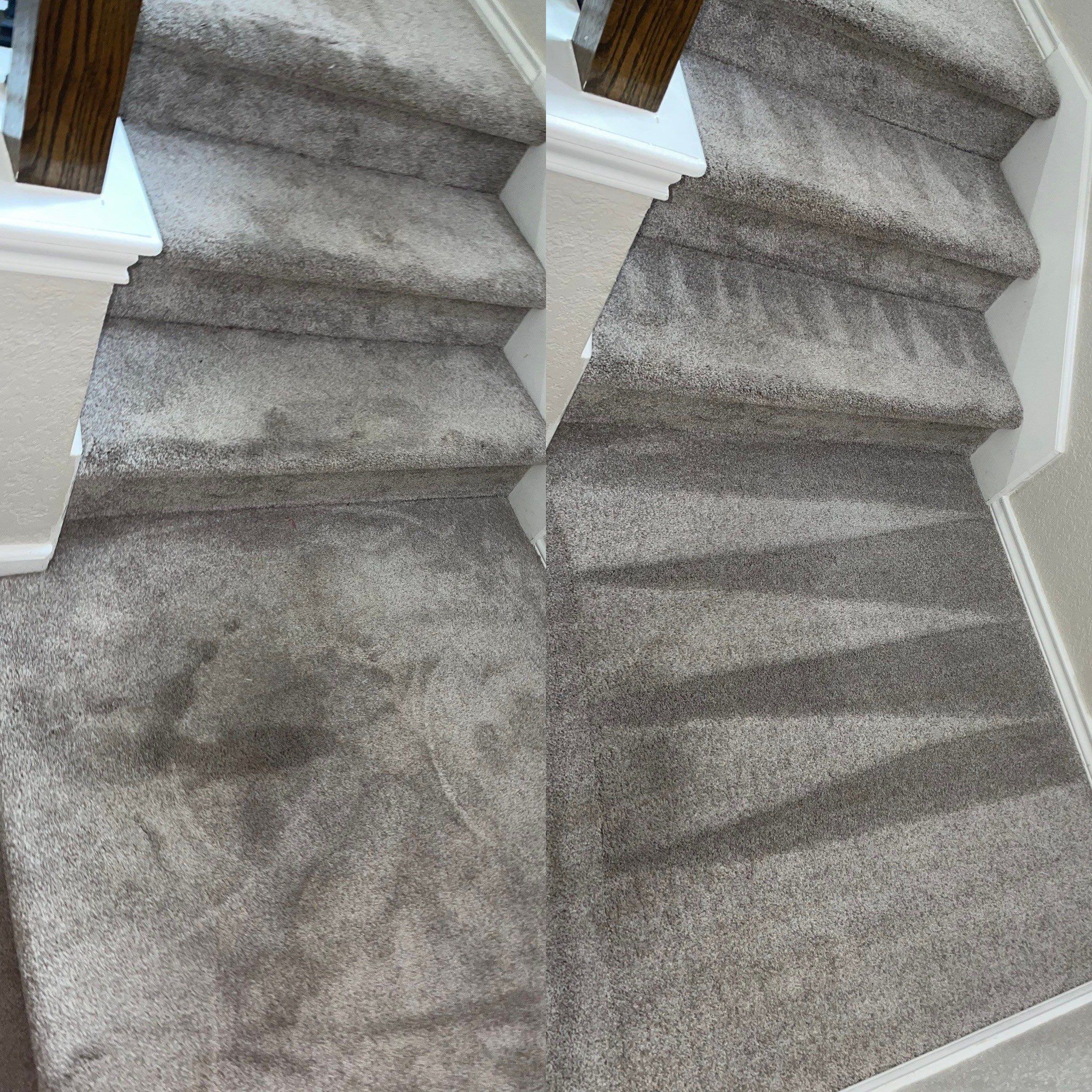 carpet cleaning of dirty stairs before and after comparison showing significant stain removal