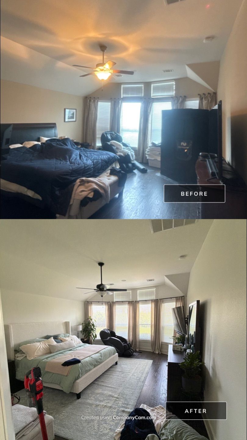Before and after photo of a master bedroom repainted by Hill Country Painting in Liberty Hill, TX
