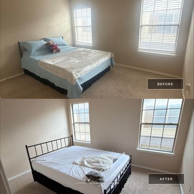 Before and after photo of a bedroom repainted by Hill Country Painting in Austin, TX