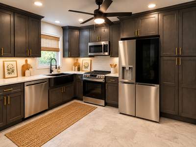 Modern Kitchen Remodel with Charcoal Cabinetry, Quartz Countertops & Brass Accents