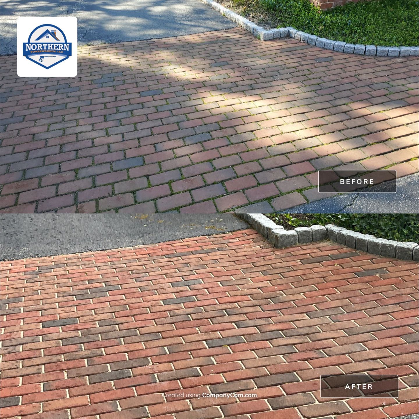 Brick paver clean, sand and seal.  using Algaecide, soft wash soap by Northern Power Washing LLC.
