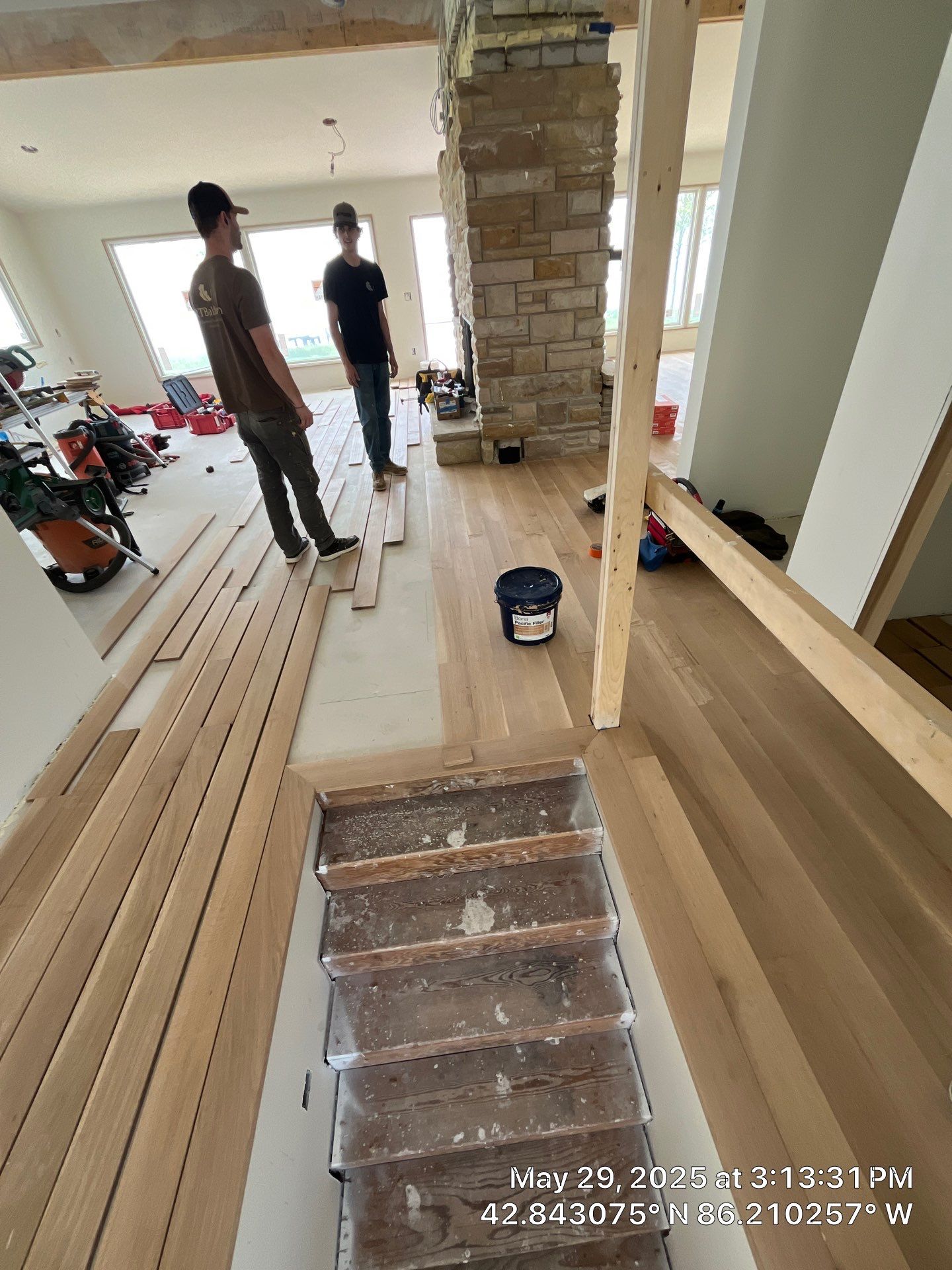 This project has it all!!!! Custom Flooring, Leveling Service, Custom Stair parts and pieces, risers, blue pad cover - all inclusive service from RTB! by RTBaldwin Hardwood Floors