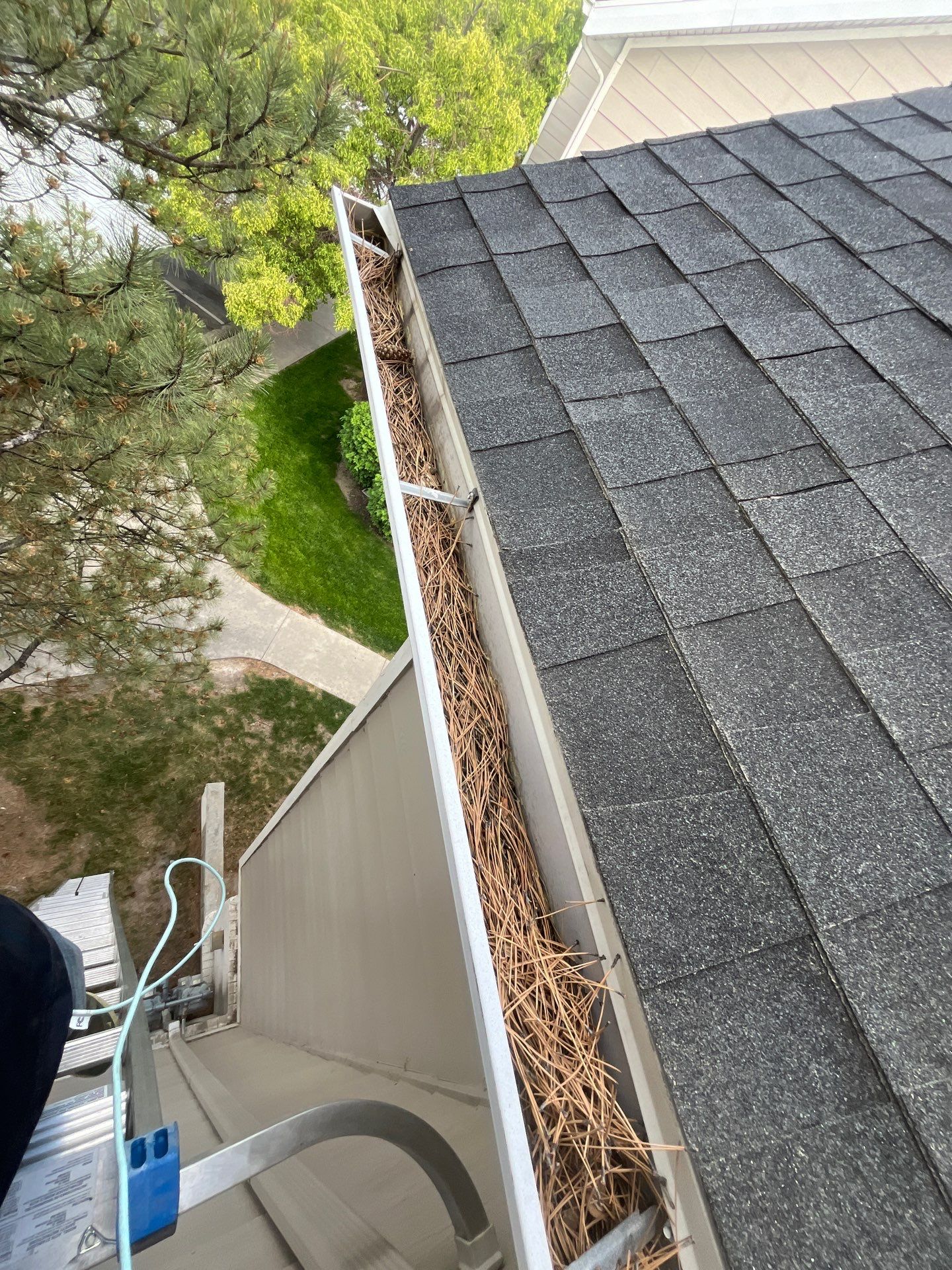 Commercial gutter cleaning Utah before photo with filled gutters