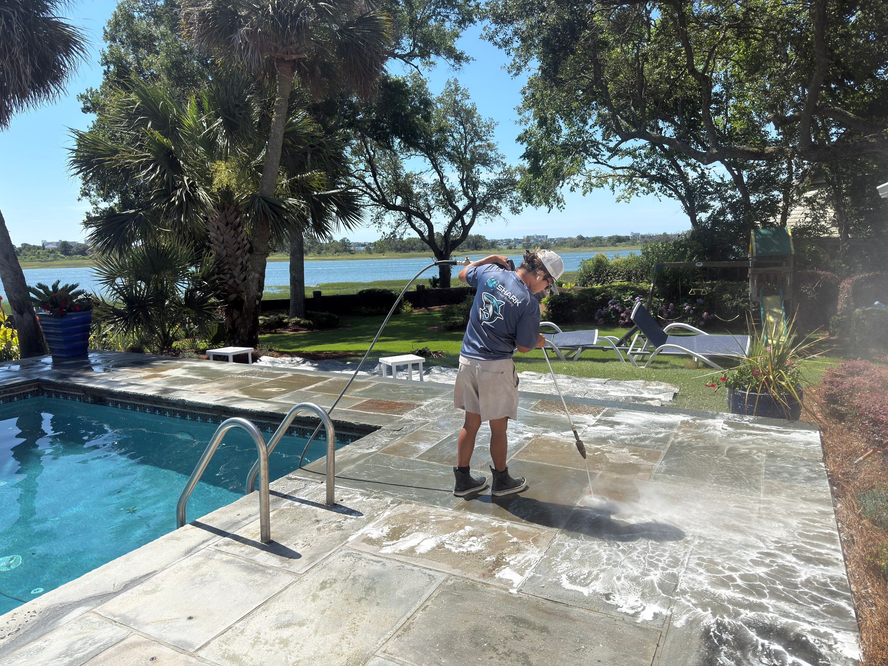 Pool deck cleaning in Wilmington by Shark Power Washing