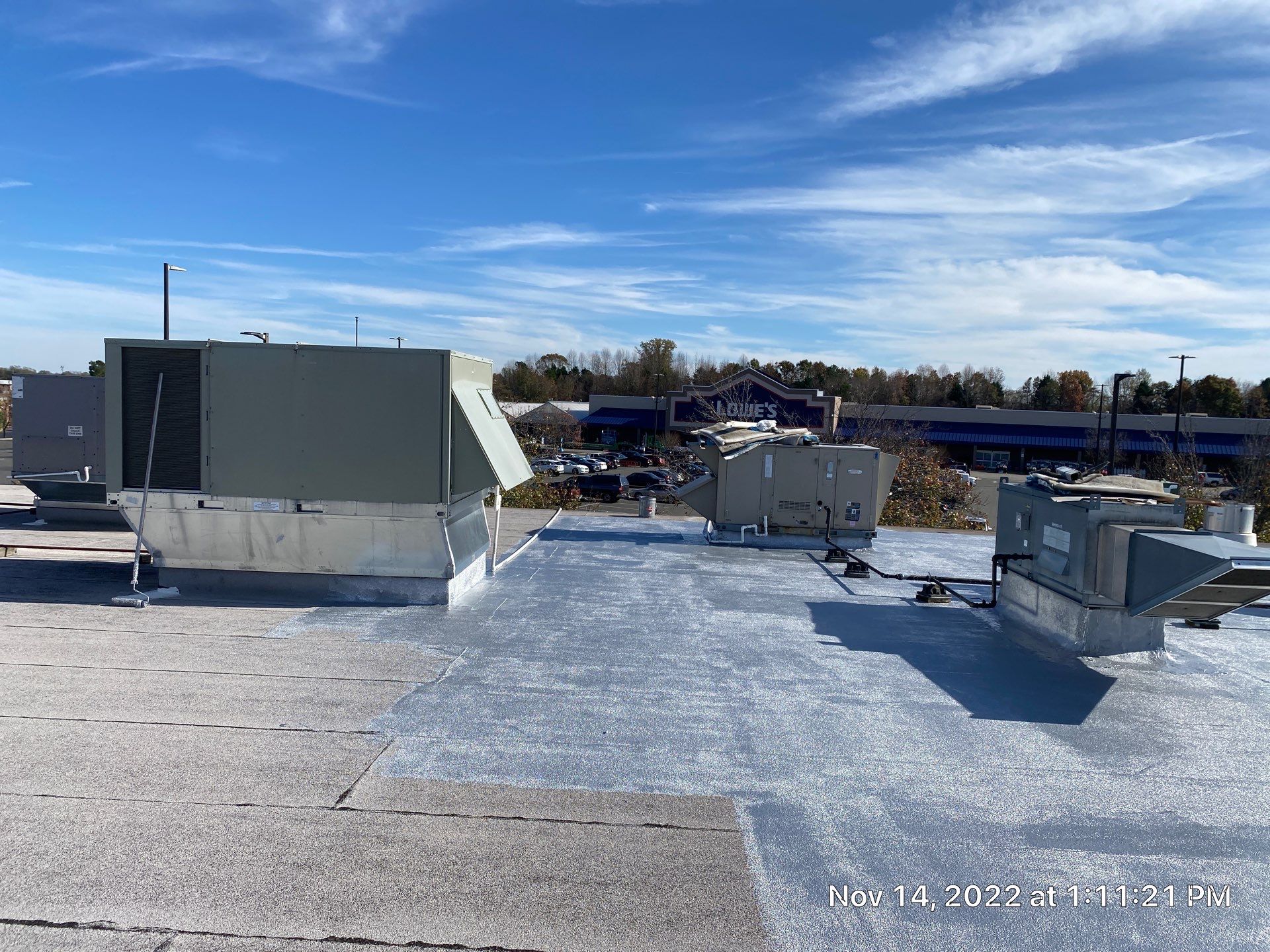 Commercial Coating using Poly Urerthane and Silicone Coating by Just In Time Roofing and Restoration