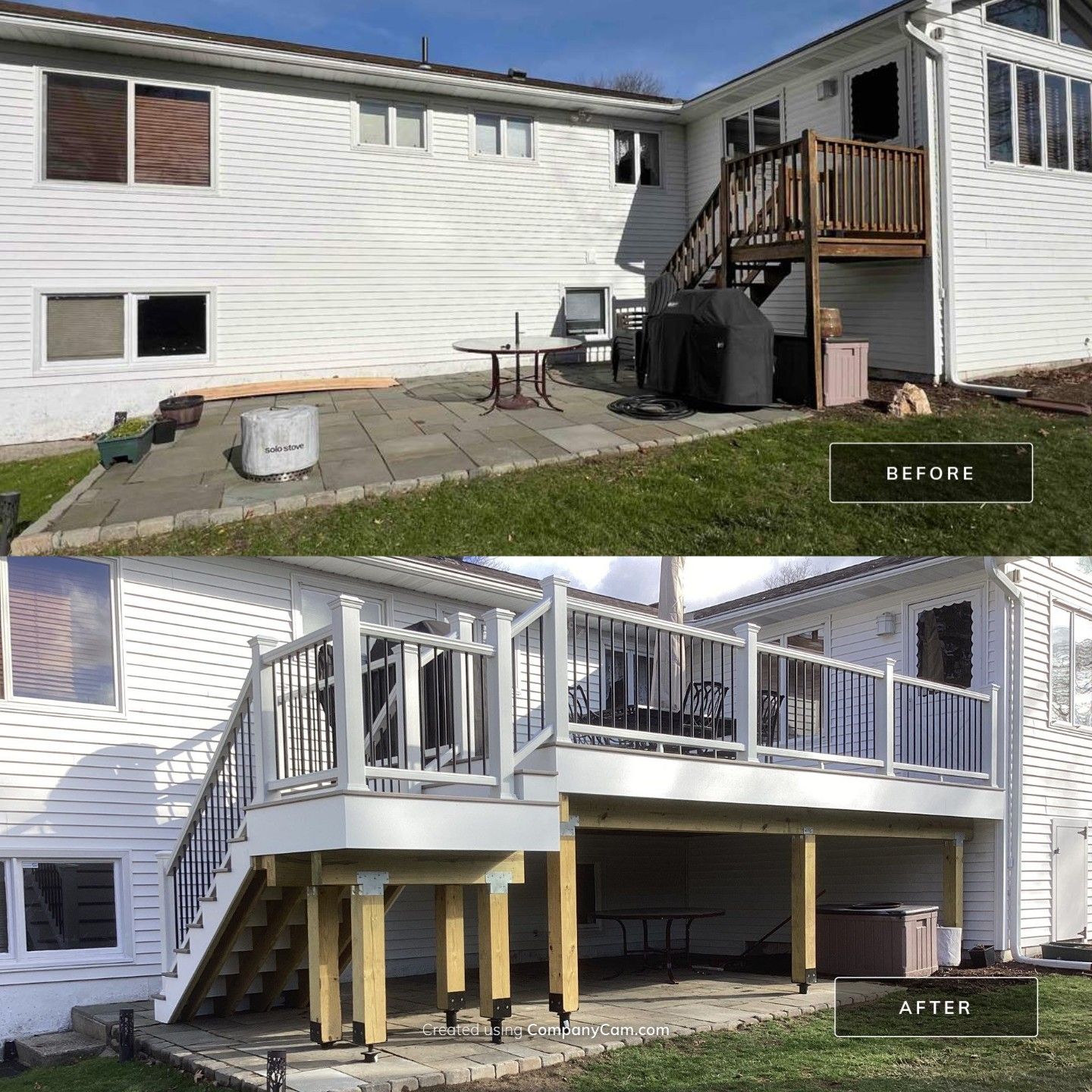 New Deck, Trex Biscayne deck boards, composite railings with black round balusters by DiGiorgi Roofing and Siding Inc