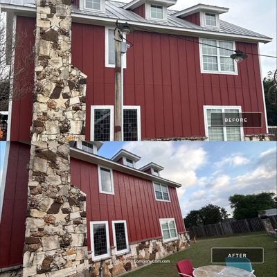 Before and after photo of a barn-style home back exterior repainted by Hill Country Painting in Leander, TX
