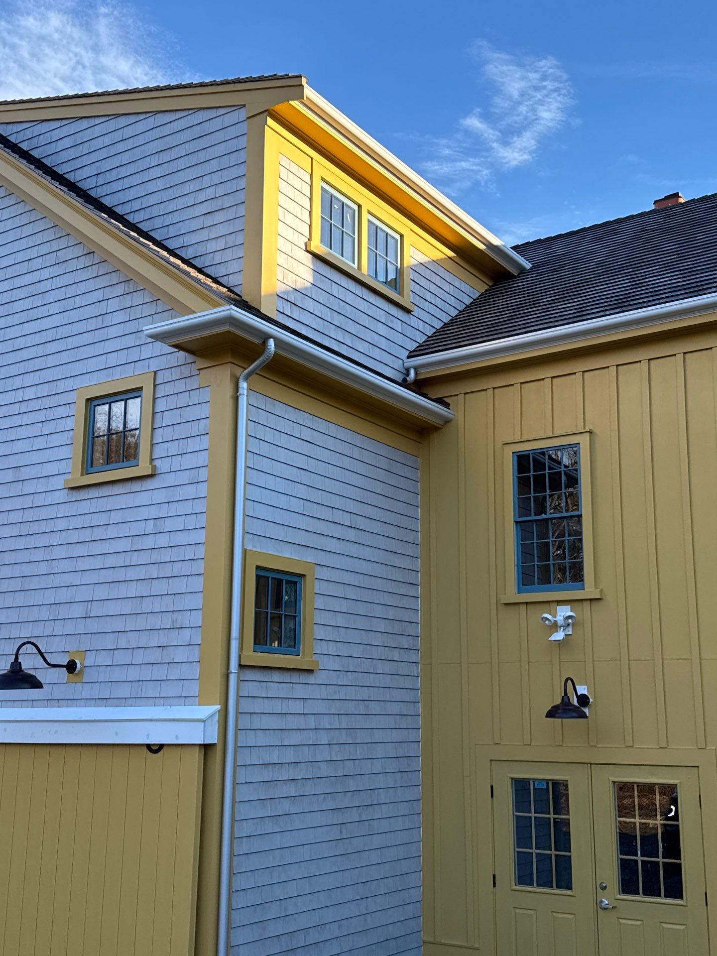 4x6 Fiberglass Gutter Installed with Round Smooth Galvalume Downspouts in Duxbury, MA by Gutter Pro Enterprises