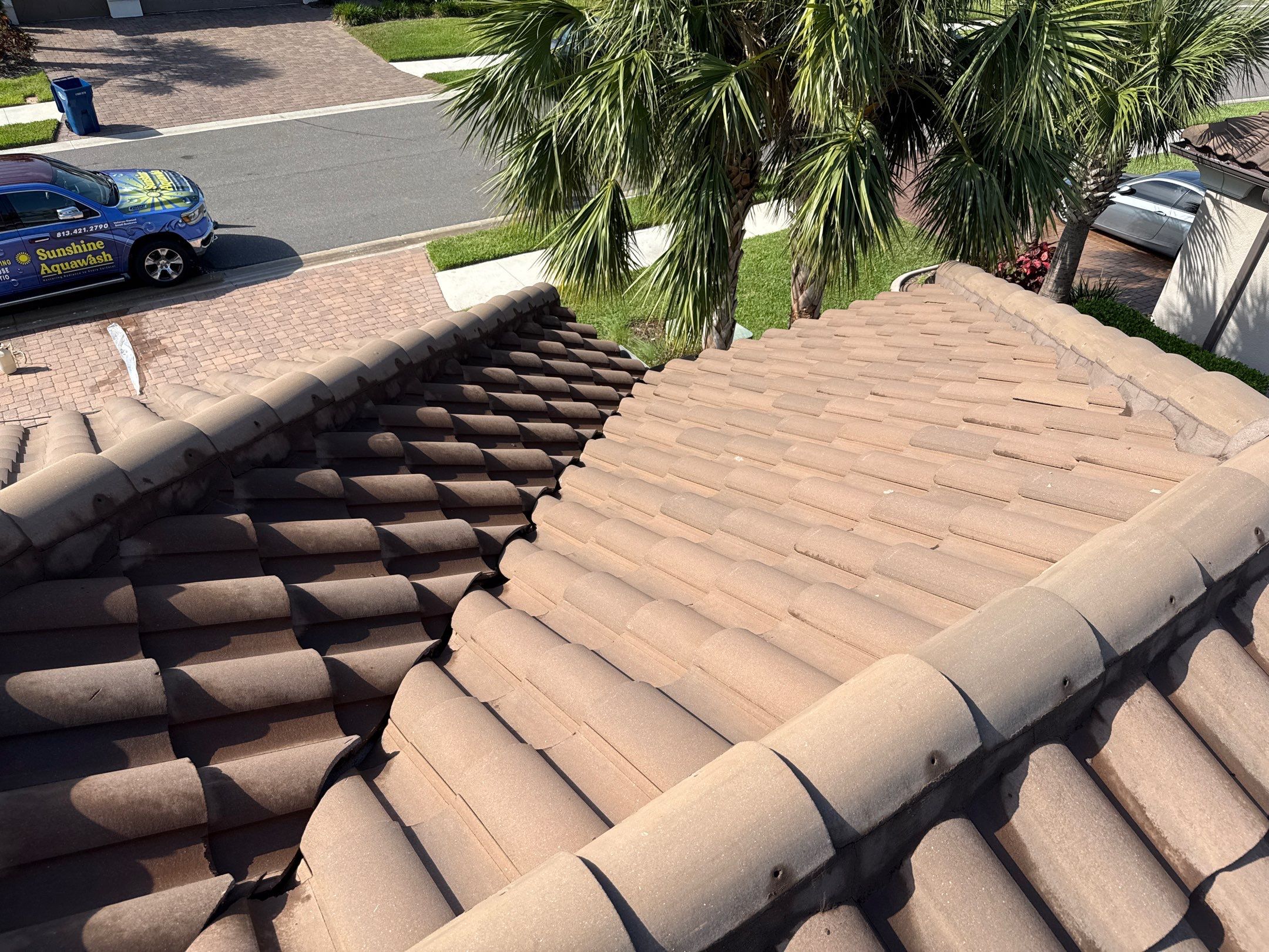 Soft Wash Roof Cleaning – Concrete Tile Roof | Artisan Lakes Esplanade, Palmetto, FL by Sunshine AquaWash