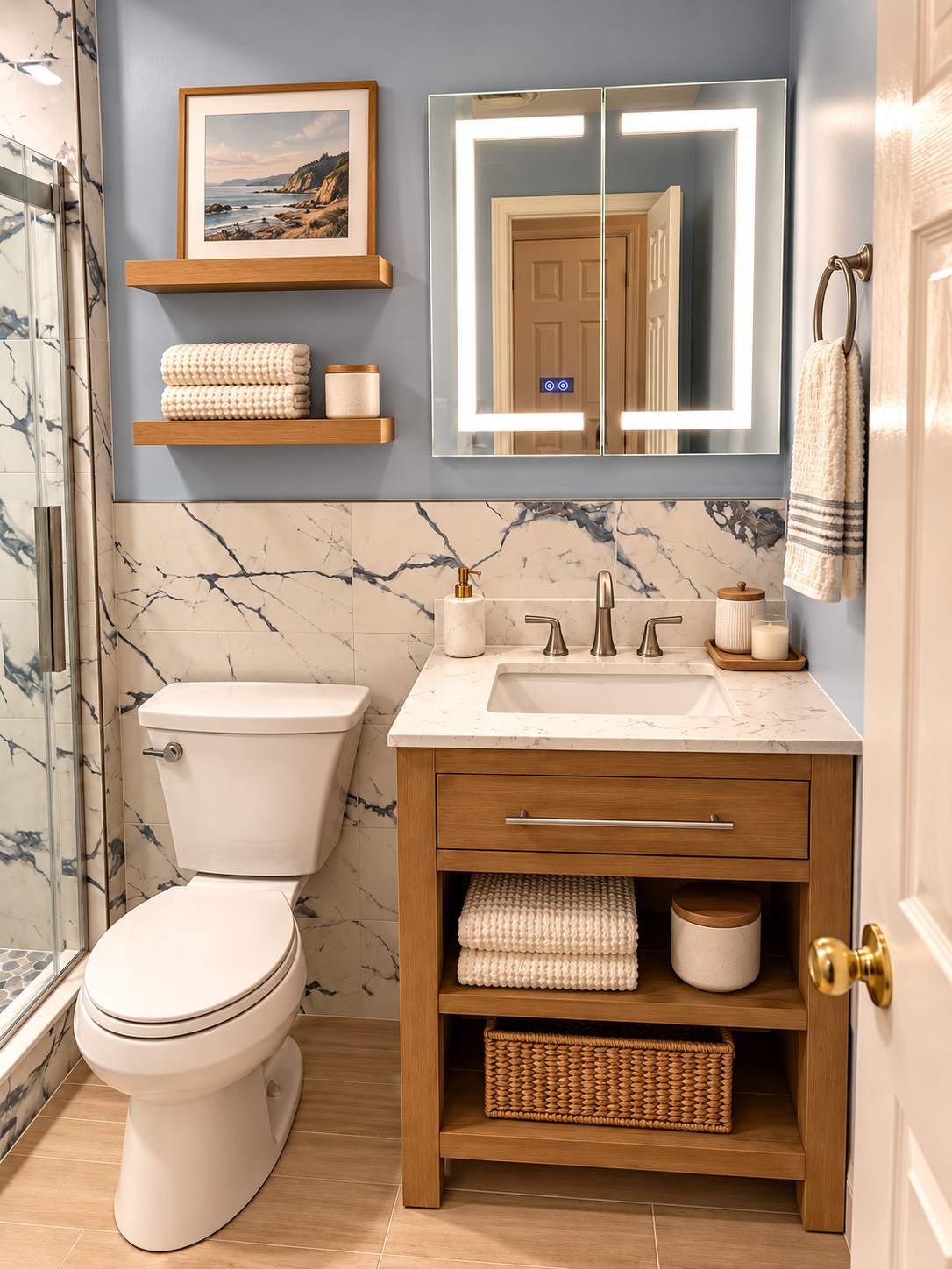 Modern Spa-Inspired Bathroom Remodel with Marble-Look Walk-In Shower by Remodel Now
