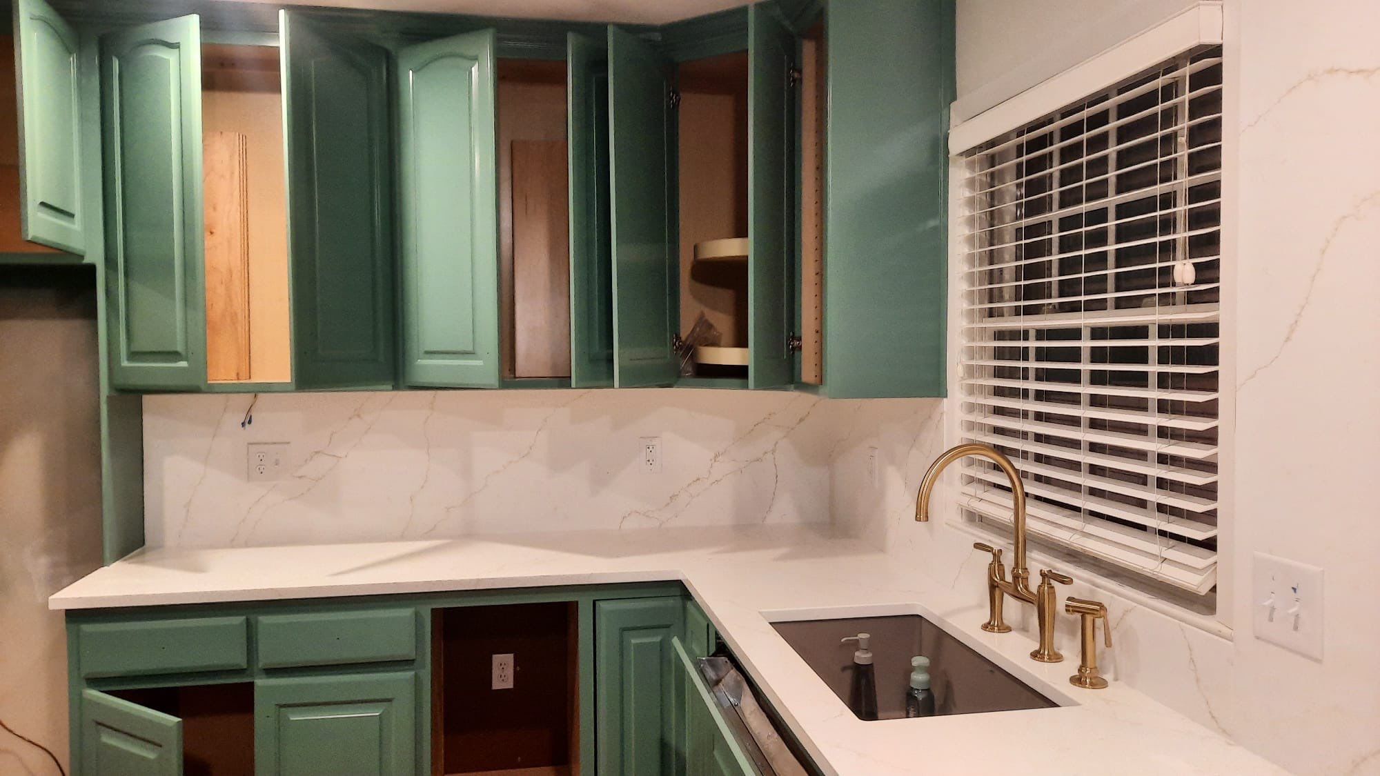 Elegant Transformation: Stained Cabinets Revamped with Sherwin-Williams Juniper by Cougar Painting