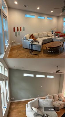 Before and after photo of a living room accent wall repainted by Hill Country Painting in Austin, TX