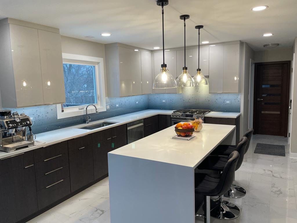 Let It Rain Kitchen Remodel using IMAGIO Solid Glass Backsplash by IMAGIO