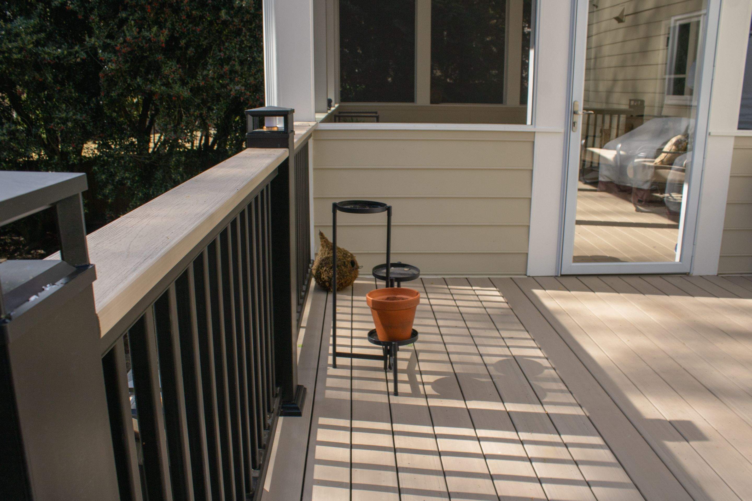 Deck Resurface and Screened-In Porch Build with Timbertech LED Lantern Post Cap Lights by Nelson Exteriors