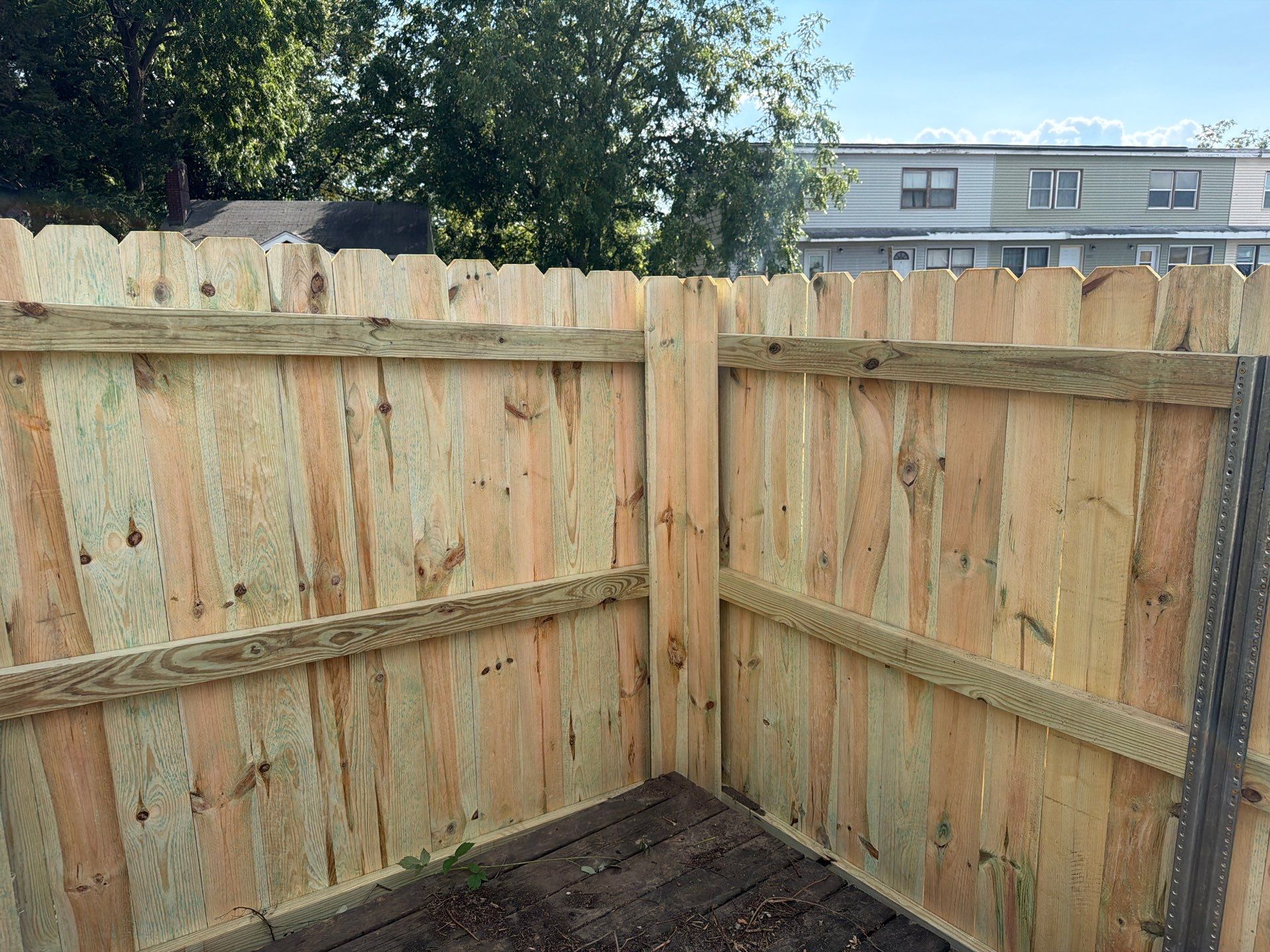 New Treated Wood Privacy Fence and Metal-Framed Gates by Perfect Picket Fence and Stain