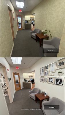 Before and after photo of a medical office hallway repainted white by Hill Country Painting in Austin, TX