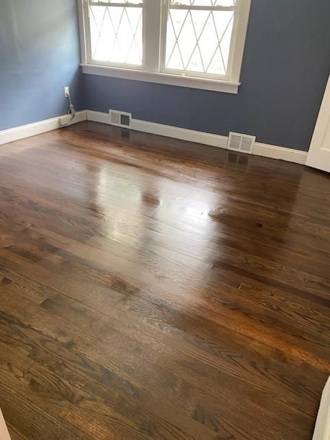 Sand & Refinish Red Oak with Duraseal Jacobean and Bona Mega Satin Finish using Dureaseal Jacobean and Bona Mega by Footprints Floors Morristown